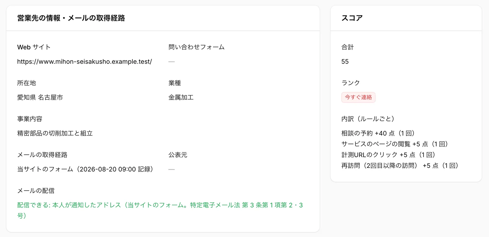 見込み客カルテ。会社の情報とメールの取得経路、メールを送ってよいかの判定、点数の合計55とランク 今すぐ連絡、点数の内訳(相談の予約 プラス40点など)